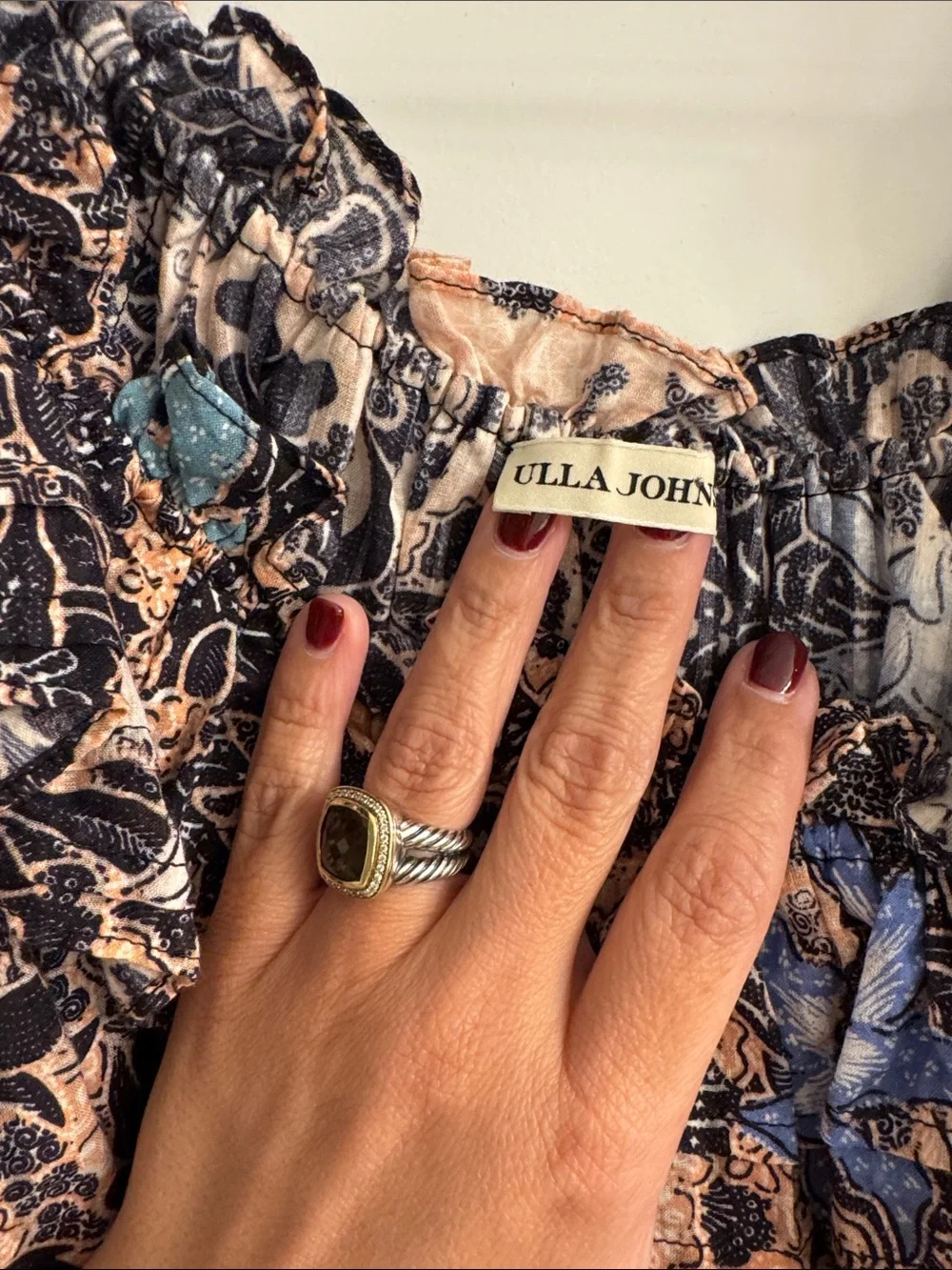 Ulla Johnson Peach and Blue Floral Smocked Peasant Blouse